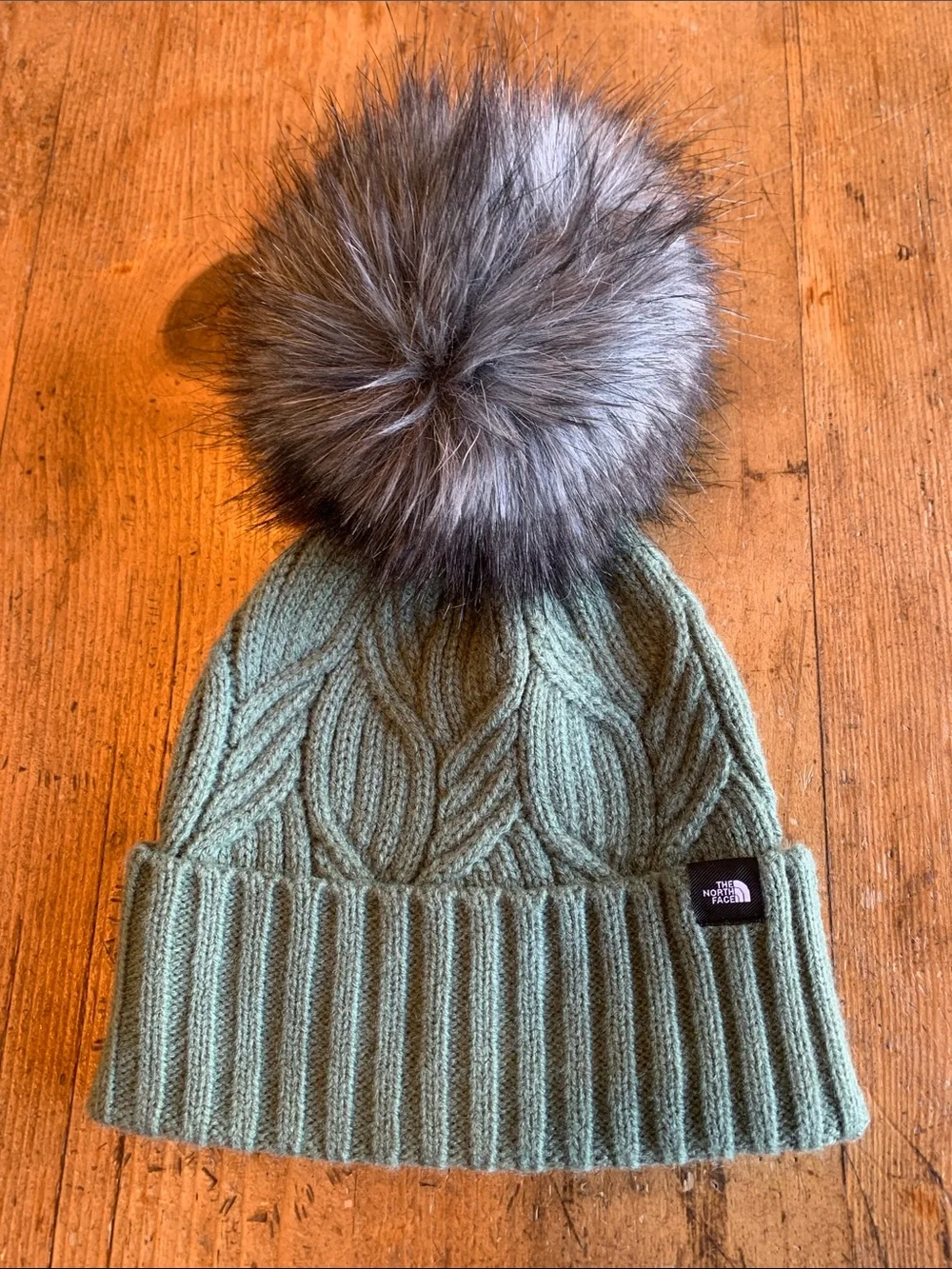 The North Face Kids Sage Green Cable Knit Pom Beanie